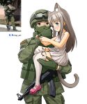  1boy 1girl absurdres animal_ears artist_name balaclava blue_eyes brown_eyes brown_hair carrying carrying_person cat_ears cat_tail child cowboy_shot dress gloves grey_dress grey_legwear helmet highres kalashnikov_rifle military military_uniform nisp_art original personification photo-referenced photo_inset pink_footwear reference_inset ribbon_of_saint_george russian_commentary shoes simple_background tail thighhighs uniform 