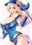  1girl bare_hips bare_shoulders blonde_hair blush bracer breasts cleavage dark_magician_girl dress duel_monster green_eyes hat highres jewelry large_breasts long_hair looking_at_viewer necklace no_panties pelvic_curtain smile solo staff ton_ton_tontoro witch_hat yu-gi-oh! 