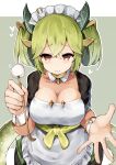  1girl apron breasts brown_choker choker cleavage commentary_request dragon_girl dragon_horns dragon_tail duel_monster ear_cleaning green_eyes green_hair green_horns green_sash green_tail green_wings hair_rings highres horns lace-trimmed_apron lace_trim large_breasts looking_at_viewer maid maid_apron maid_headdress mimikaki parlor_dragonmaid sash se-u-ra solo tail wings wrist_cuffs yellow_eyes yu-gi-oh! 