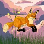  1:1 2020 black_nose canid canine cloudscape detailed_background digital_media_(artwork) eyelashes feral fluffy fluffy_tail fox fur grass hopping jumping looking_at_viewer male mammal markhor_(artist) orange_body orange_fur paws pixel_(artwork) plant shaded sky solo whisker_spots whiskers 
