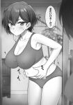  1girl bangs belly_grab blush bra breasts cleavage commentary_request covered_nipples eyebrows_visible_through_hair greyscale indoors large_breasts mirror monochrome nipples original panties plant plump reflection short_hair solo sound_effects sports_bra stomach sweat translation_request tsukimoto_kizuki underwear weight_conscious 