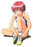  1990s_(style) 1girl bangs blue_eyes cleats eyebrows_visible_through_hair full_body gym_shorts hinomoto_hikari knee_up kokura_masashi mole mole_under_eye non-web_source official_art red_hair retro_artstyle short_hair shorts simple_background sitting smile solo sportswear tokimeki_memorial tokimeki_memorial_2 track_uniform tying_footwear white_background 