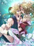  1boy 1girl aerith_gainsborough air_bubble armor bangs bare_shoulders belt blonde_hair blue_eyes blue_shirt bracelet breasts bubble choker clothes_lift cloud_strife couple cropped_jacket crying dress dress_lift final_fantasy final_fantasy_vii final_fantasy_vii_remake gloves green_eyes hair_between_eyes hair_down halu-ca hand_on_another&#039;s_back hand_on_another&#039;s_hip hands_on_another&#039;s_face highres jacket jacket_partially_removed jewelry long_dress long_hair medium_breasts parted_bangs parted_lips pink_dress red_jacket shirt shoulder_armor sidelocks sleeveless sleeveless_turtleneck spaghetti_strap spiked_hair suspenders tears turtleneck underwater upper_body wavy_hair 