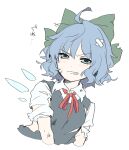  1girl ahoge angry blue_dress blue_eyes blue_hair blush bow cirno clenched_teeth collared_shirt crying crying_with_eyes_open dress eyebrows_visible_through_hair green_bow hair_between_eyes hair_bow highres ice ice_wings injury kuromame_(8gou) looking_at_viewer neck_ribbon pinafore_dress puffy_short_sleeves puffy_sleeves red_ribbon ribbon shirt short_hair short_sleeves simple_background solo tears teeth torn_clothes touhou translation_request upper_body v-shaped_eyebrows white_background white_shirt wings 