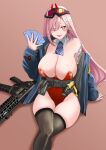  1girl aizawa_u-ji arm_tattoo assault_rifle black_legwear blue_jacket breasts card detached_collar earrings eyewear_on_head girls&#039;_frontline gun heart heart_earrings highres holding holding_card jacket jewelry large_breasts leotard long_hair long_sleeves mole mole_on_breast mole_under_eye neck_tattoo open_clothes open_jacket orange_goggles pink_hair playing_card red_eyes red_leotard rifle sig_mcx_(girls&#039;_frontline) sig_sauer_mcx sitting solo strapless strapless_leotard tattoo thighhighs very_long_hair weapon 