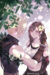  1boy 1girl bare_shoulders black_skirt blonde_hair blurry blurry_foreground blush breasts brown_hair character_name cloud_strife couple dated detached_sleeves ear_blush earrings final_fantasy final_fantasy_vii final_fantasy_vii_remake flower gloves happy_birthday highres holding holding_flower jewelry large_breasts leaf long_hair looking_at_another midriff navel omochigame_ct red_eyes skirt sleeveless sleeveless_turtleneck spiked_hair suspender_skirt suspenders tank_top tifa_lockhart turtleneck twitter_username 