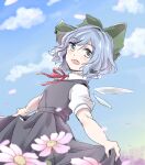 1girl :d absurdres bangs blue_dress blue_eyes blue_hair blush bow cirno cloud collared_shirt day detached_wings dress eyebrows_visible_through_hair field flower flower_field green_bow hair_bow highres ice ice_wings kuromame_(8gou) long_dress looking_at_viewer neck_ribbon open_mouth outdoors pinafore_dress puffy_short_sleeves puffy_sleeves red_ribbon ribbon shirt short_hair short_sleeves skirt_hold sky smile solo teeth touhou upper_teeth wavy_hair white_shirt wings 