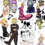  2boys 5girls alice_margatroid alternate_costume bangs barber black_dress black_eyes black_headwear black_legwear black_pants black_sweater blonde_hair blue_hair blue_hood blue_shirt blue_tank_top bow breasts character_request chocobo cleavage cleavage_cutout closed_mouth clothing_cutout colored_skin commentary_request compilation cookie_(touhou) cowboy_shot crop_top disney dress electric_guitar feet_out_of_frame final_fantasy flamenco_dress flour_(cookie) foot_out_of_frame frilled_dress frilled_sleeves frills full_body guitar gun hair_between_eyes hair_over_eyes hairband halter_top halterneck hat hat_bow head_tilt hershel_layton highres holding holding_gun holding_instrument holding_sign holding_weapon human_head instrument jigen_(cookie) kirisame_marisa koga_(cookie) koiso_usu komeiji_satori kumoi_ichirin light_blue_hair lion long_sleeves looking_at_another manatsu_no_yo_no_inmu mashiroma_zenima medium_breasts meguru_(cookie) mickey_mouse multiple_boys multiple_girls multiple_views music musical_note navel niconico_id pants parted_bangs pink_dress pink_hair professor_layton red_eyes red_hairband shirt short_hair sign singing sketch smile sweater taisa_(cookie) tank_top thighhighs touhou translation_request weapon white_background white_bow white_skin witch_hat 