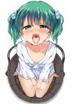  1girl barefoot blush breasts bucket cum cum_in_mouth cum_on_tongue downblouse facial from_above green_eyes green_hair hair_bobbles hair_ornament highres in_bucket in_container japanese_clothes kisume looking_at_viewer nanana_(chicken_union) open_mouth oral_invitation short_hair simple_background sitting solo tears tongue touhou twintails uvula v_arms wariza white_background wooden_bucket 