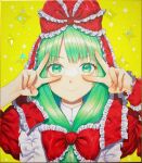  1girl bangs blush bow double_v dress eyebrows_visible_through_hair fingernails frilled_shirt_collar frills front_ponytail green_eyes green_hair green_nails hair_bow hair_ribbon highres kageharu kagiyama_hina long_hair looking_at_viewer nail_polish red_bow red_dress red_nails red_ribbon ribbon simple_background smile solo sparkle touhou traditional_media upper_body v v_over_eye yellow_background 