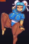  absurd_res activision adapted_costume anthro bandicoot big_breasts blue_hair breasts capcom chun-li clothed clothing cosplay crash_bandicoot_(series) dongitos double_bun eyeshadow female hair hi_res leotard makeup mammal marsupial megumi_bandicoot puffy_sleeves short_sleeves smile solo street_fighter thick_thighs video_games 