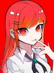  1girl bangs blunt_bangs blush clark_niel collared_shirt fingernails hair_ornament hairclip highres long_hair looking_at_viewer mochizuki_kei_(style) open_mouth original red_background red_eyes red_hair shirt signature solo white_shirt 