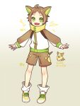  1boy :3 ahoge animal_ears aona_(noraneko) blush brown_hair character_name dog_ears dog_tail green_eyes high_collar humanization jacket leg_warmers long_sleeves male_focus open_mouth outstretched_arms paw_print pokemon shoes short_hair shorts signature smile sneakers tail track_jacket yamper 