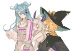  3girls :o ahoge bangs black_coat blonde_hair blue_eyes blue_hair blue_skirt blush bob_cut cardigan closed_eyes coat dragon_girl dress elira_pendora enna_alouette eyebrows_visible_through_hair eyelashes gloves grey_gloves grey_overalls hair_over_one_eye hat head_wings large_hat long_hair millie_parfait mole multicolored_hair multiple_girls nijisanji nijisanji_en off_shoulder one_eye_covered open_mouth orange_cardigan overall_shorts overalls romiiii shirt short_hair single_glove skirt sleeves_past_fingers sleeves_past_wrists sweat sweater very_long_hair virtual_youtuber white_background white_dress white_shirt white_sweater witch witch_hat 