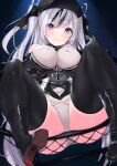  1girl azur_lane bangs black_footwear black_gloves black_headwear black_legwear blush boots breasts closed_mouth covered_navel cross dress elbe_(azur_lane) eyebrows_visible_through_hair from_below gloves hair_ribbon high_heel_boots high_heels highres iron_cross long_hair looking_at_viewer medium_breasts multicolored_hair ochinsama panties purple_eyes ribbon simple_background sitting smile solo thighhighs thighs twintails two-tone_hair underwear white_hair white_panties 
