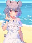  1girl akagashi_hagane alternate_costume animal_ears bangs bare_shoulders beach blue_sky blush collarbone day dress eyebrows_visible_through_hair grey_hair hair_between_eyes hand_up horizon jewelry light_smile looking_at_viewer mouse mouse_ears nazrin necklace ocean off-shoulder_dress off_shoulder outdoors parted_lips pendant red_eyes short_hair sky solo touhou water white_dress 