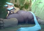  anthro big_butt blue_body blue_fur blush bottomwear butt clothing female fur hi_res janjin192 lucario nintendo pants pok&eacute;mon pok&eacute;mon_(species) solo spread_legs spreading video_games 