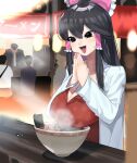  1girl 3boys bangs black_eyes black_hair blush bow breasts bug character_request cleavage commentary_request cookie_(touhou) firefly food hair_bow hakurei_reimu highres koiso_usu labcoat large_breasts looking_at_food looking_down manatsu_no_yo_no_inmu multiple_boys necktie noodles nori_(seaweed) open_mouth own_hands_together pink_bow pink_nails pork ramen red_shirt shinonome_(cookie) shirt short_hair smile solo_focus steam tanioka_(inmu) touhou upper_body white_shirt yajuu_senpai yellow_necktie 