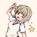  bangs blush_stickers commentary hand_up light_brown_background light_brown_hair love_live! love_live!_nijigasaki_high_school_idol_club nakasu_kasumi o_12_9 one_eye_closed open_mouth pink_eyes pixel_art pose shirt short_hair short_sleeves smile solo sparkle star_(symbol) v vest white_shirt white_vest wing_collar 