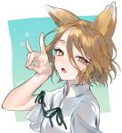  1girl animal_ears bangs blush brown_hair fang fox_ears fox_shadow_puppet hair_between_eyes hand_up highres kudamaki_tsukasa light_smile looking_at_viewer makita_(vector1525) neck_ribbon open_mouth ribbon skin_fang solo touhou upper_body white_romper yellow_eyes 