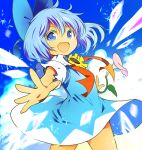  1girl absurdres blue_bow blue_dress blue_eyes blue_hair bow cirno collared_shirt cowboy_shot detached_wings dress fairy fang flower hair_between_eyes hair_bow highres ice ice_wings ichizen_(o_tori) morning_glory one-hour_drawing_challenge open_mouth pink_flower puffy_short_sleeves puffy_sleeves shirt short_hair short_sleeves skin_fang smile solo tanned_cirno touhou white_shirt wings 