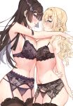 2girls absurdres bangs black_hair blonde_hair blush braid breasts cameltoe fang_qiao hair_ornament highres huge_breasts large_breasts lingerie long_hair looking_at_viewer multiple_girls navel original sweat thick_thighs thighhighs thighs underwear x_hair_ornament yuri 
