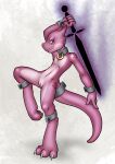  ambiguous_gender anthro blue_eyes claws collar_ring cuff_(restraint) danaume digitigrade genitals grey_body hi_res holding_object holding_sword holding_weapon horn kobold looking_at_viewer magic melee_weapon multicolored_body nude pose restraints shackles simple_background smile solo standing sword two_tone_body weapon white_body 