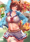  1girl arm_up armpits bangs belt blue_jacket blush bralines breasts brown_eyes brown_hair cheerleader cleavage collarbone grin highres holding holding_pom_poms horse_girl jacket kawai_(purplrpouni) large_breasts long_sleeves looking_at_viewer midriff miniskirt multicolored_hair navel nice_nature_(run&amp;win)_(umamusume) nice_nature_(umamusume) open_clothes open_jacket pom_pom_(cheerleading) ponytail short_hair skirt smile solo streaked_hair sweat swept_bangs thighs umamusume white_skirt 