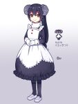  1girl aona_(noraneko) apron bangs black_hair brown_eyes character_name dress frills gloves hair_ornament hairclip high_collar horns humanization indeedee indeedee_(female) loafers long_hair long_sleeves maid own_hands_together pantyhose pokemon ponytail shoes signature smile solo 