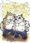  2022 anthro belly big_belly blue_eyes bottomwear brown_body canid canine canis clothing cute_fangs domestic_dog duo eyes_closed felid hi_res humanoid_hands kemono male male/male mammal moobs nipples overweight overweight_male pantherine pants pink_nose prototendon tiger white_body 