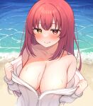 1girl absurdres bangs beach blush breasts cleavage grin heterochromia highres hololive houshou_marine jacket large_breasts long_hair looking_at_viewer naked_jacket outdoors partially_unzipped red_eyes red_hair smile solo suzutarou_gunsou upper_body virtual_youtuber wet white_jacket yellow_eyes 
