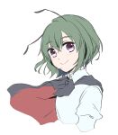  1girl antennae bangs black_cape blush cape closed_mouth collared_shirt eyebrows_visible_through_hair green_hair hair_between_eyes highres kuromame_(8gou) looking_at_viewer purple_eyes red_cape shirt short_hair simple_background smile solo touhou two-sided_cape two-sided_fabric upper_body wavy_hair white_background white_shirt wriggle_nightbug 