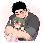  ... 1boy 1girl black_hair blush closed_eyes couple english_commentary facial_hair fang goatee green_eyes green_hair heart hug hug_from_behind igarashi_futaba_(shiromanta) medium_hair monochrome muscular muscular_male open_mouth panqlao petite senpai_ga_uzai_kouhai_no_hanashi short_hair sidelocks size_difference smile spoken_ellipsis stubble takeda_harumi_(shiromanta) thick_eyebrows tsundere 