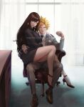  1boy 1girl black_hair blonde_hair blue_eyes breasts chair cloud_strife couple earrings final_fantasy final_fantasy_vii final_fantasy_vii_remake formal full_body high_heels highres jewelry large_breasts legs lips long_hair looking_at_viewer office office_chair office_lady pencil_skirt red_eyes ring salaryman sitting sitting_on_lap sitting_on_person skirt spiked_hair spykeee suit tifa_lockhart twitter_username 