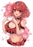  1girl :d absurdres bangs bare_shoulders bikini black_choker blush bow breasts choker cleavage collarbone cropped_torso earrings eyebrows_visible_through_hair floral_background food food-themed_earrings food_print frilled_bikini frills fruit haruto_yuki heart heart_hands highres jewelry large_breasts open_mouth print_bikini pyra_(xenoblade) red_bikini red_bow red_eyes red_hair short_hair smile solo strawberry strawberry_print swimsuit tiara white_background xenoblade_chronicles_(series) xenoblade_chronicles_2 
