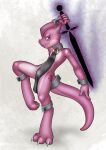  ambiguous_gender anthro blue_eyes claws clothed clothing collar_ring cuff_(restraint) danaume digitigrade grey_body harem_outfit hi_res holding_object holding_sword holding_weapon horn kobold looking_at_viewer magic melee_weapon multicolored_body pose restraints shackles simple_background smile solo standing sword two_tone_body weapon white_body 