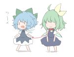  2girls :d ahoge ascot bangs barefoot blue_dress blue_eyes blue_hair blush bow cirno closed_mouth collared_shirt daiyousei detached_wings dress fairy_wings frown green_bow green_hair hair_bow hair_ribbon highres ice ice_wings kuromame_(8gou) leash long_dress multiple_girls nose_blush open_mouth pinafore_dress ponytail puffy_short_sleeves puffy_sleeves ribbon shirt short_hair short_sleeves simple_background smile standing touhou wavy_mouth white_background white_shirt wings yellow_ascot yellow_ribbon |_| 