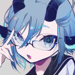  1girl animal_ears blue_eyes blue_hair clark_niel close-up eyelashes face fingernails glasses goat_ears goat_horns hair_between_eyes horns mochizuki_kei_(style) open_mouth original pink_nails sailor_collar second-party_source short_eyebrows short_hair solo 