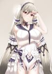  1girl absurdres azur_lane bangs breasts closed_mouth collarbone commentary dress elbow_gloves eyebrows_visible_through_hair feet_out_of_frame formidable_(azur_lane) formidable_(timeless_classics)_(azur_lane) gloves hair_ribbon hand_on_forehead highres korean_commentary large_breasts long_hair looking_at_viewer nail_polish navel official_alternate_costume partially_fingerless_gloves platinum_blonde_hair raurashun red_eyes red_nails ribbon simple_background solo standing twintails very_long_hair white_dress 