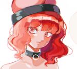  1girl bangs bare_shoulders black_choker black_headwear choker closed_mouth collarbone comkdom eyebrows_visible_through_hair hair_between_eyes hecatia_lapislazuli looking_to_the_side medium_hair polos_crown red_eyes red_hair simple_background solo touhou underworld_(ornament) upper_body white_background 
