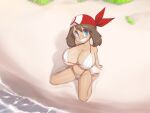 1girl beach bikini blue_eyes breasts brown_hair hairband highres large_breasts may_(pokemon) medium_hair micro_bikini mystical pokemon pokemon_(game) pokemon_rse red_hairband smile solo swimsuit 