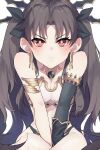  1girl absurdres ahoge armlet bangs between_legs bikini black_hair black_ribbon blush breasts cleavage close-up closed_mouth earrings elbow_gloves fate/grand_order fate_(series) gloves gold_trim hair_ribbon hand_between_legs highres hoop_earrings ishtar_(fate) jewelry long_hair looking_at_viewer mismatched_bikini parted_bangs pout red_eyes ribbon single_elbow_glove sitting small_breasts solo swimsuit twintails wann! white_background 