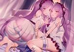  2girls anklet armlet ass bangs bare_shoulders bed blush bracelet breasts choker collarbone dress euryale_(fate) fate/grand_order fate/hollow_ataraxia fate_(series) frilled_hairband frills hairband highres holding_hands jewelry long_hair looking_at_viewer m-da_s-tarou multiple_girls neck_ring on_bed open_mouth orange_eyes parted_bangs pillow purple_hair ring sidelocks sitting slit_pupils small_breasts smile stheno_(fate) thighlet twintails very_long_hair white_dress 