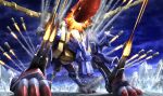  absurdres animal animal_focus armor blue_sky claws commentary_request crystal digimon digimon_(creature) highres legs_apart mechanical_wings metalgarurumon missile neocity222 no_humans outdoors red_eyes rocket_launcher sky weapon wings 