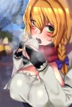  1girl absurdres bangs baozi black_gloves blonde_hair blurry blurry_background blush bow braid breasts cleavage cleavage_cutout clothing_cutout commentary_request cookie_(touhou) eyebrows_visible_through_hair food gloves green_eyes hair_between_eyes hair_bow highres holding holding_food kirisame_marisa koiso_usu large_breasts long_hair looking_at_viewer mars_(cookie) open_mouth partially_fingerless_gloves purple_bow red_scarf scarf shirt side_braid single_braid solo touhou upper_body white_shirt 