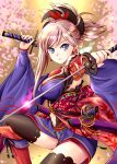  1girl asymmetrical_hair autumn_leaves black_legwear blue_eyes blue_kimono breasts cleavage clothing_cutout detached_sleeves dual_wielding earrings fate/grand_order fate_(series) hair_ornament highres hikaru_310 holding holding_sword holding_weapon japanese_clothes jewelry katana kimono large_breasts leaf_print magatama maple_leaf_print miyamoto_musashi_(fate) navel_cutout obi pink_hair ponytail sash sheath short_kimono sleeveless sleeveless_kimono solo sword thighhighs unsheathed weapon wide_sleeves 