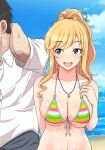  1girl beach bikini blonde_hair blue_eyes breasts faceless faceless_male front-tie_bikini front-tie_top hand_on_own_chest idolmaster idolmaster_cinderella_girls idolmaster_cinderella_girls_starlight_stage jewelry kashiwagi_tatsuya large_breasts midriff navel necklace o-ring o-ring_bikini ocean ohtsuki_yui out_of_frame ponytail striped striped_bikini sweat swimsuit 