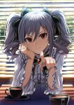  1girl absurdres bangs black_bow black_bowtie black_ribbon bow bowtie coffee coffee_cup cup disposable_cup drill_hair frilled_shirt frills grey_hair hair_ribbon highres idolmaster idolmaster_cinderella_girls kanzaki_ranko long_bangs long_hair long_sleeves looking_at_viewer pointing pointing_at_viewer red_eyes ribbon shirt skirt smile solo takatsuki_p twin_drills twintails white_skirt window 