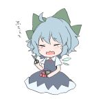  1girl ahoge bangs blue_dress blue_hair blush bow chibi cirno closed_eyes collared_shirt crying d: dress eyebrows_visible_through_hair frown full_body furrowed_brow green_bow hair_bow highres holding ice ice_wings kuromame_(8gou) neck_ribbon open_mouth pinafore_dress puffy_short_sleeves puffy_sleeves red_ribbon ribbon scissors shirt short_hair short_sleeves simple_background sitting solo tears touhou wavy_hair wavy_mouth white_background white_shirt wings 