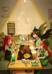  3girls :o :q bangs beret bird_wings black_bow black_skirt black_vest bow braid brown_hair chopsticks collared_shirt commentary cup demon_wings dress eating english_text food green_bow green_dress green_eyes green_headwear hair_bow hat holding holding_plate hong_meiling koakuma light_bulb looking_at_another multiple_girls okonomiyaki one-hour_drawing_challenge piyo_(sqn2idm751) plate poster_(object) puffy_short_sleeves puffy_sleeves red_eyes red_hair reiuji_utsuho restaurant shirt short_sleeves skirt smoke table third_eye tongue tongue_out touhou tray vest white_shirt wings 